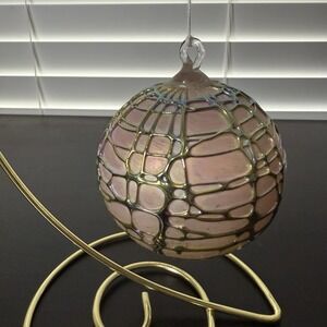 STUART ABELMAN 2001 Ball Christmas Ornament Art Glass Pink Iridescent Webbing